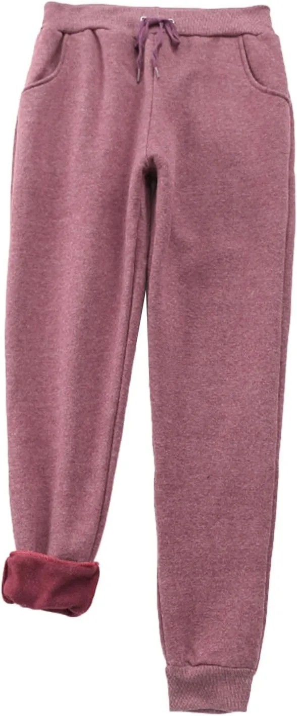 Women's Fleece Sweatpants Velvet Lined Pants Winter Warm Drawstring Athletic Jogger Cozy Thermal Pants with Pockets