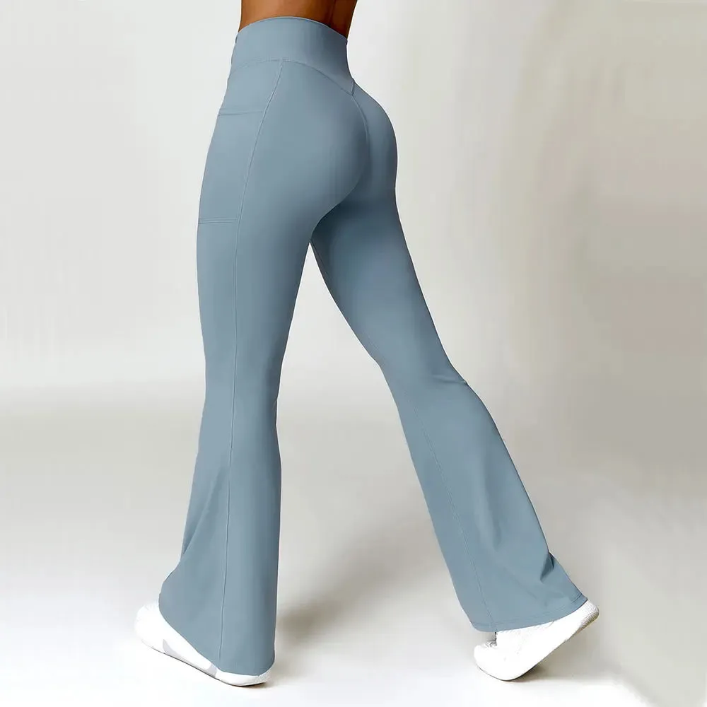 Women's High Waist Flare Leggings with Pockets - Bell-Bottom Yoga Pants, Stretch Fitness Gym Trousers, Casual Sports Push-Up Tights