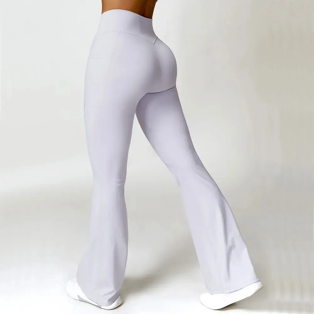 Women's High Waist Flare Leggings with Pockets - Bell-Bottom Yoga Pants, Stretch Fitness Gym Trousers, Casual Sports Push-Up Tights