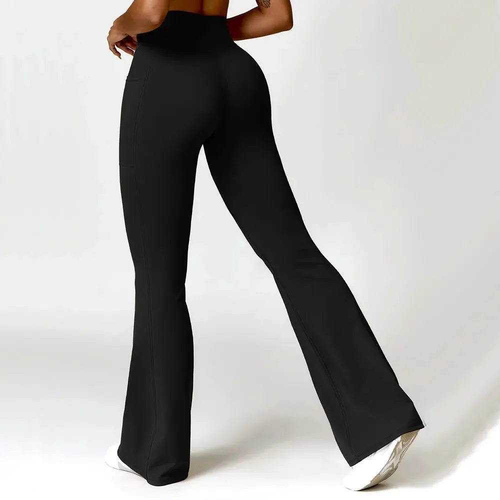 Women's High Waist Flare Leggings with Pockets - Bell-Bottom Yoga Pants, Stretch Fitness Gym Trousers, Casual Sports Push-Up Tights