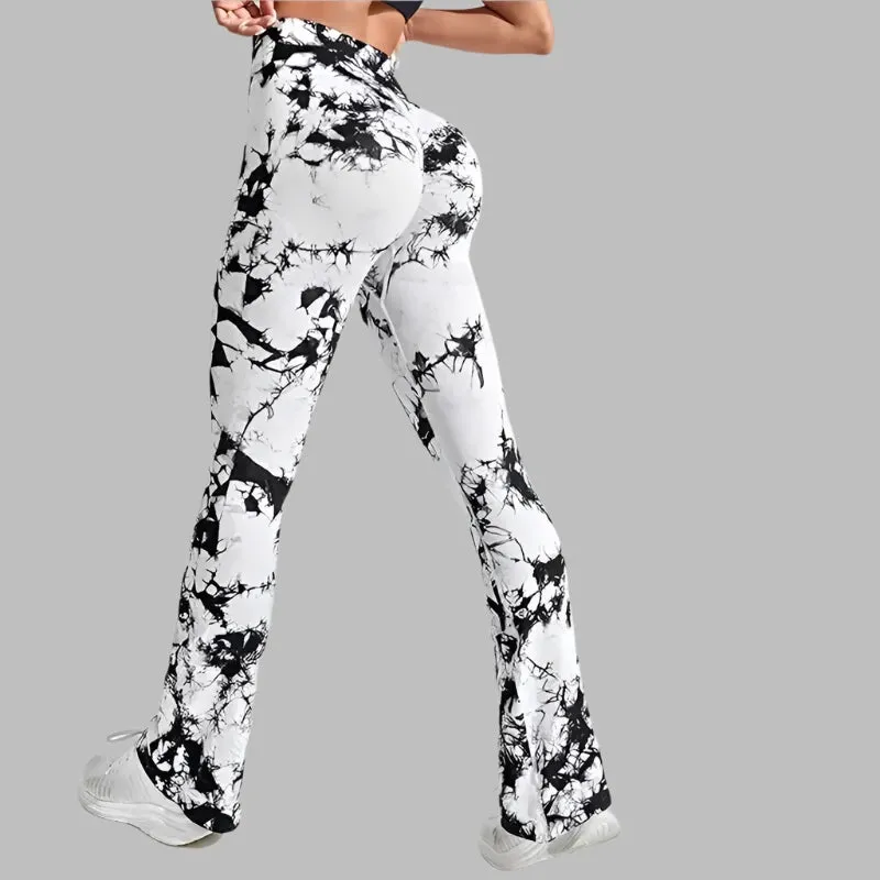 Women's High Waisted Seamless Tie Dye Flared Leggings - Tummy Control Bell Bottom Yoga Workout Pants