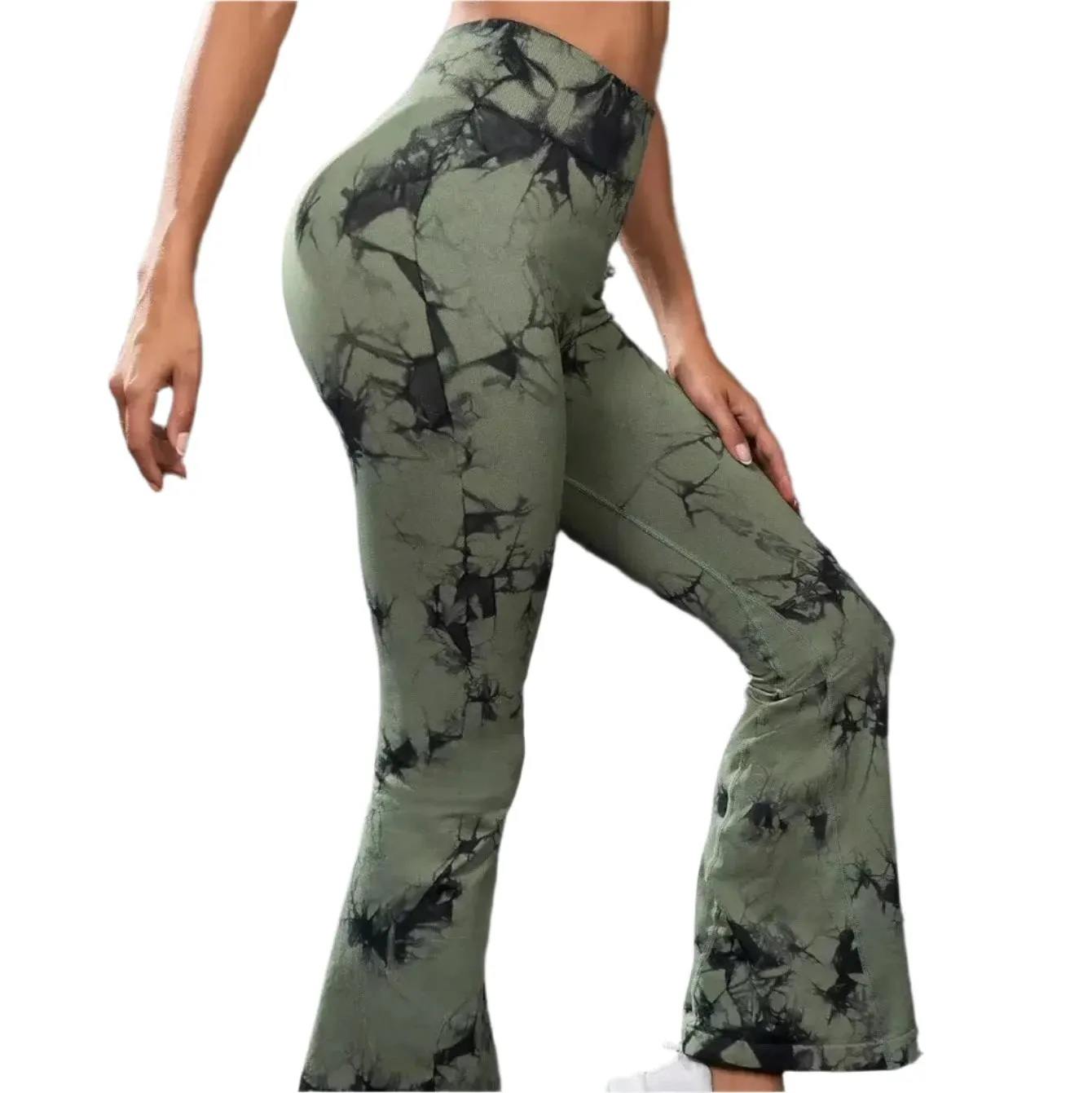 Women's High Waisted Seamless Tie Dye Flared Leggings - Tummy Control Bell Bottom Yoga Workout Pants