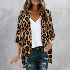 Womens Leopard Chiffon Kimono Cardigans 3/4 Sleeve Loose Beach Cover Up Lightweight Sun Protection Clothes Rash Guard
