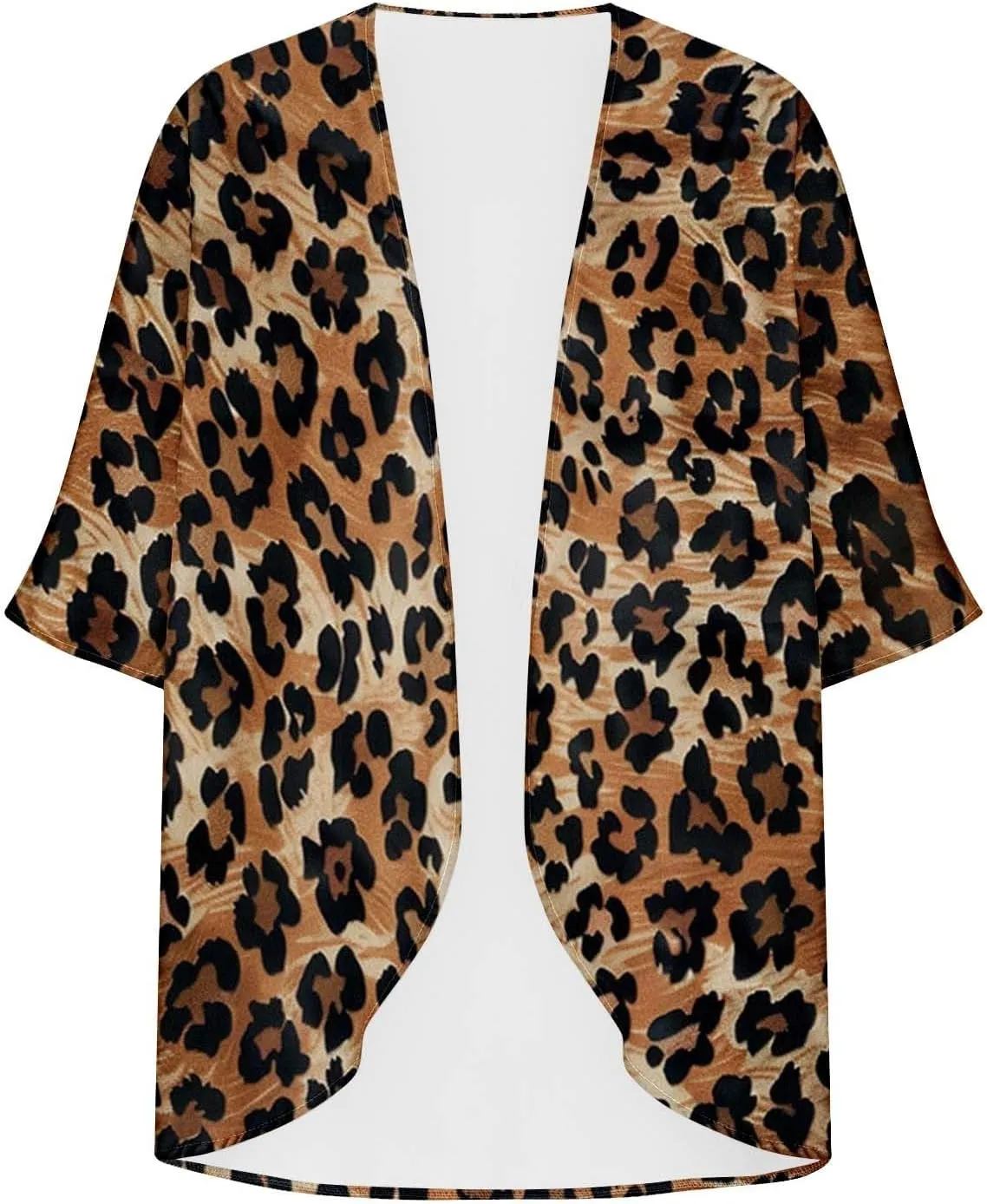 Womens Leopard Chiffon Kimono Cardigans 3/4 Sleeve Loose Beach Cover Up Lightweight Sun Protection Clothes Rash Guard