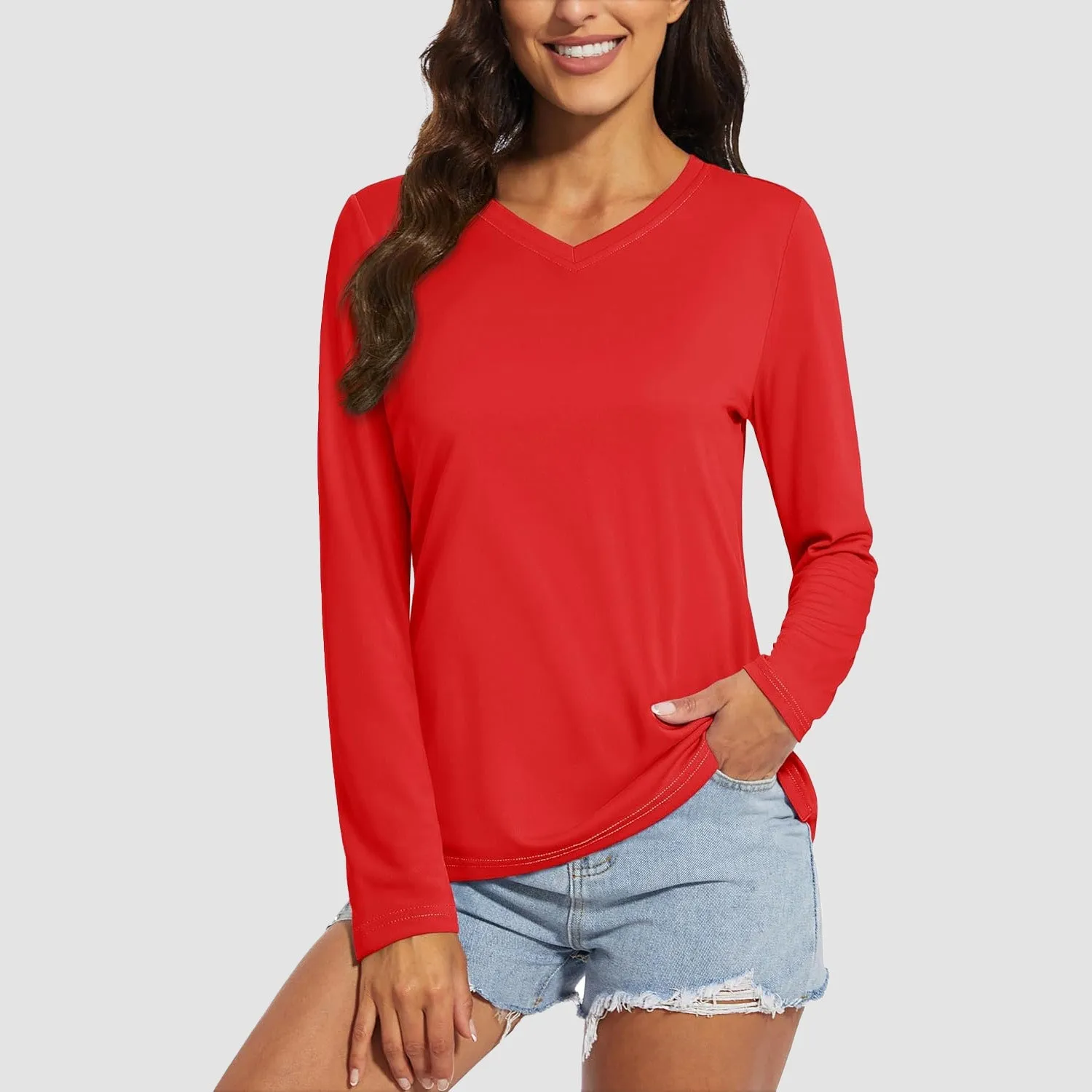Women's Long Sleeve Shirts UPF 50  Sun Protection T Shirts V Neck Hiking Shirt Running Workout Performance Tee