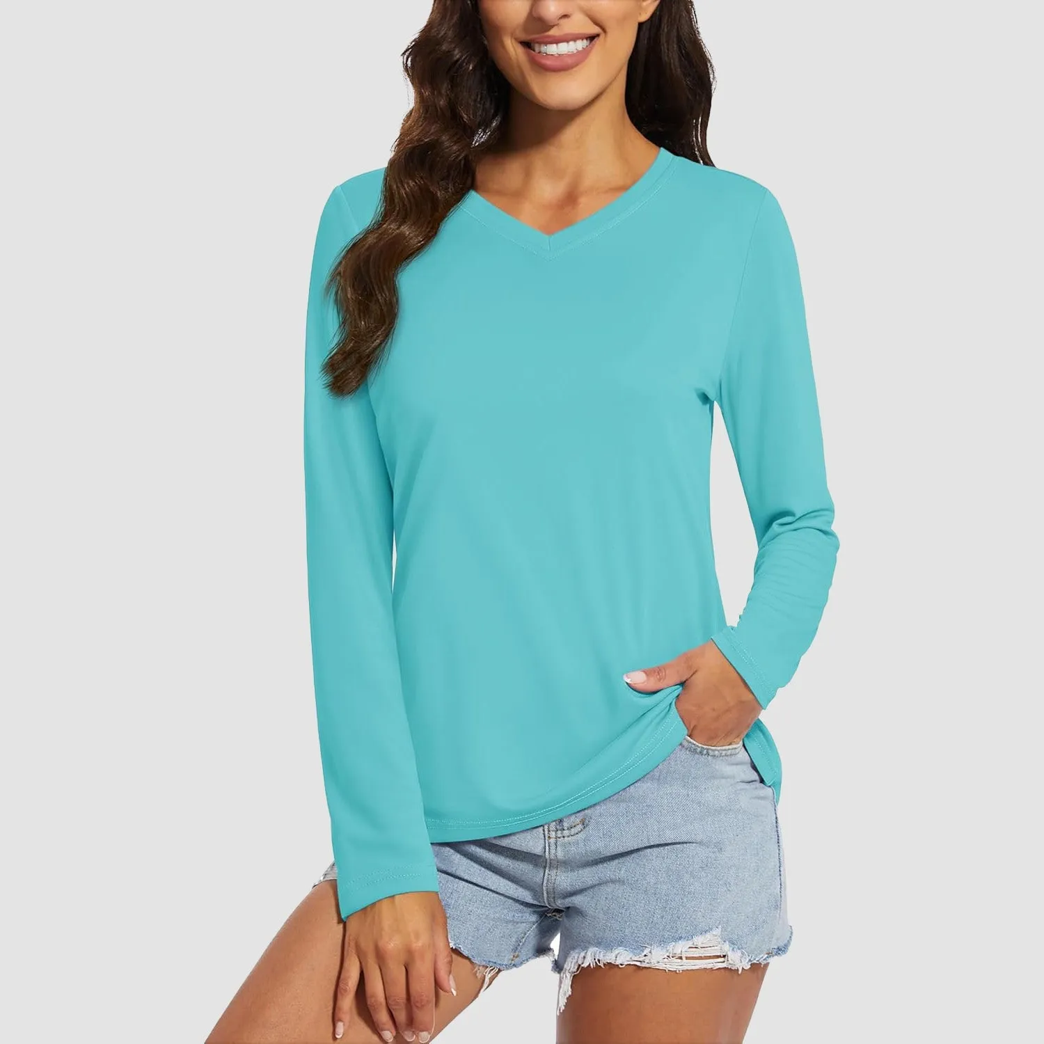 Women's Long Sleeve Shirts UPF 50  Sun Protection T Shirts V Neck Hiking Shirt Running Workout Performance Tee