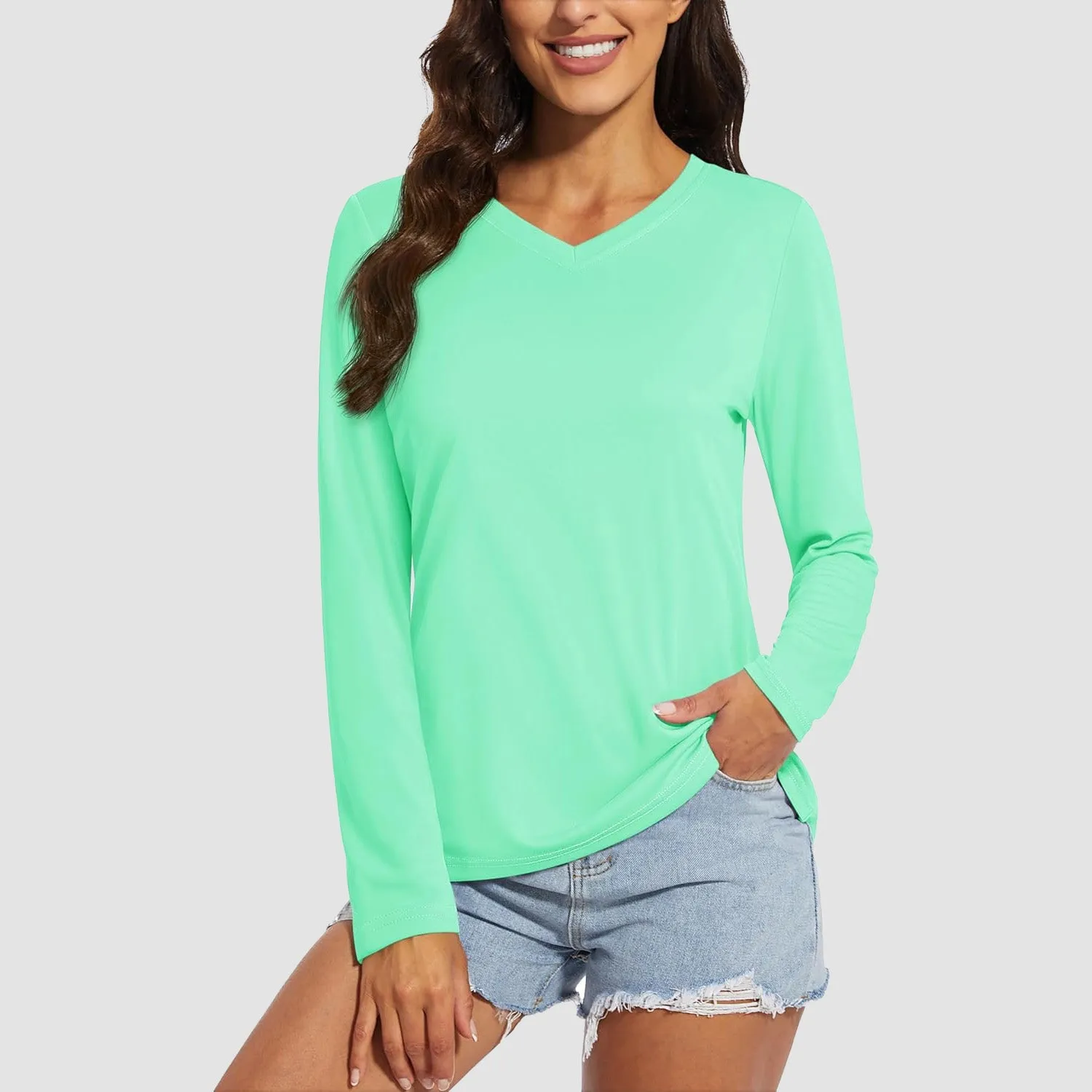 Women's Long Sleeve Shirts UPF 50  Sun Protection T Shirts V Neck Hiking Shirt Running Workout Performance Tee