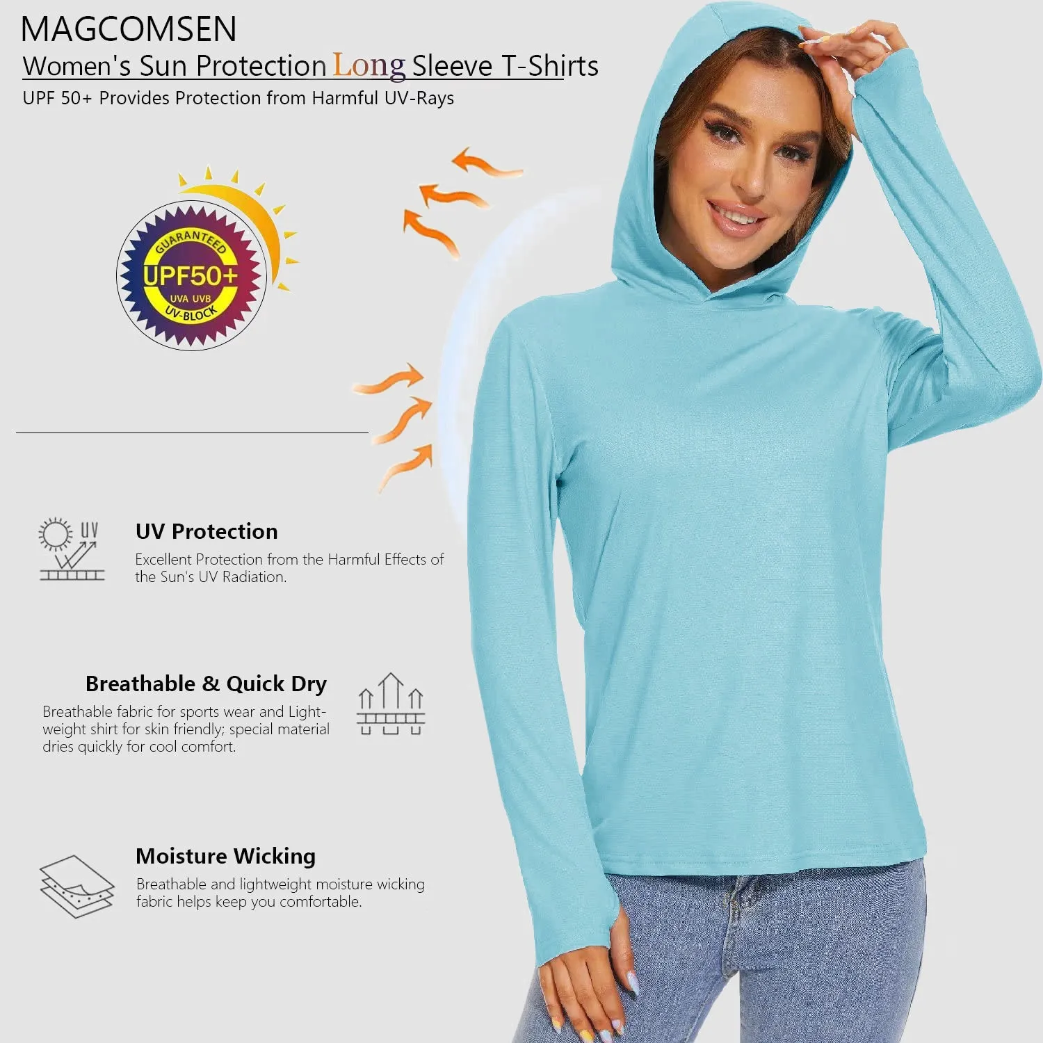 Women's Mint Hoodie Shirts UPF 50  Sun Protection Long Sleeve UV Shirt Fishing Hiking Athletic Shirts with Thumb Hole