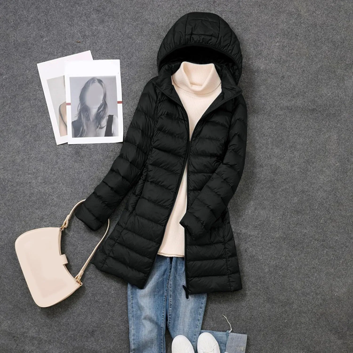 Womens Puffer Coat Lightweight Down Coats Long Sleeve with Pouch Classic Warm Jacket 2023 Winter Skimpy Down Jackets