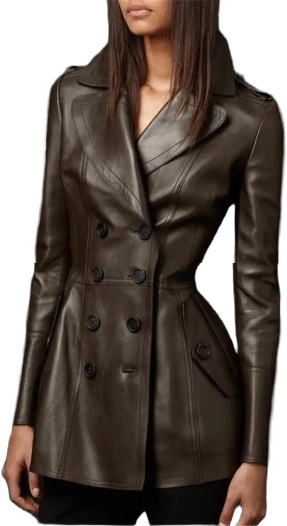 Women's Real Lambskin Leather Trench Coat in Black