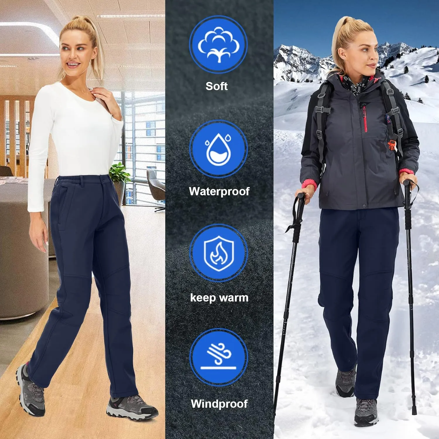 Womens Snow Pants Winter Fleece Lined Waterproof Soft Shell Insulated Outdoor Camping Travel ski Pants
