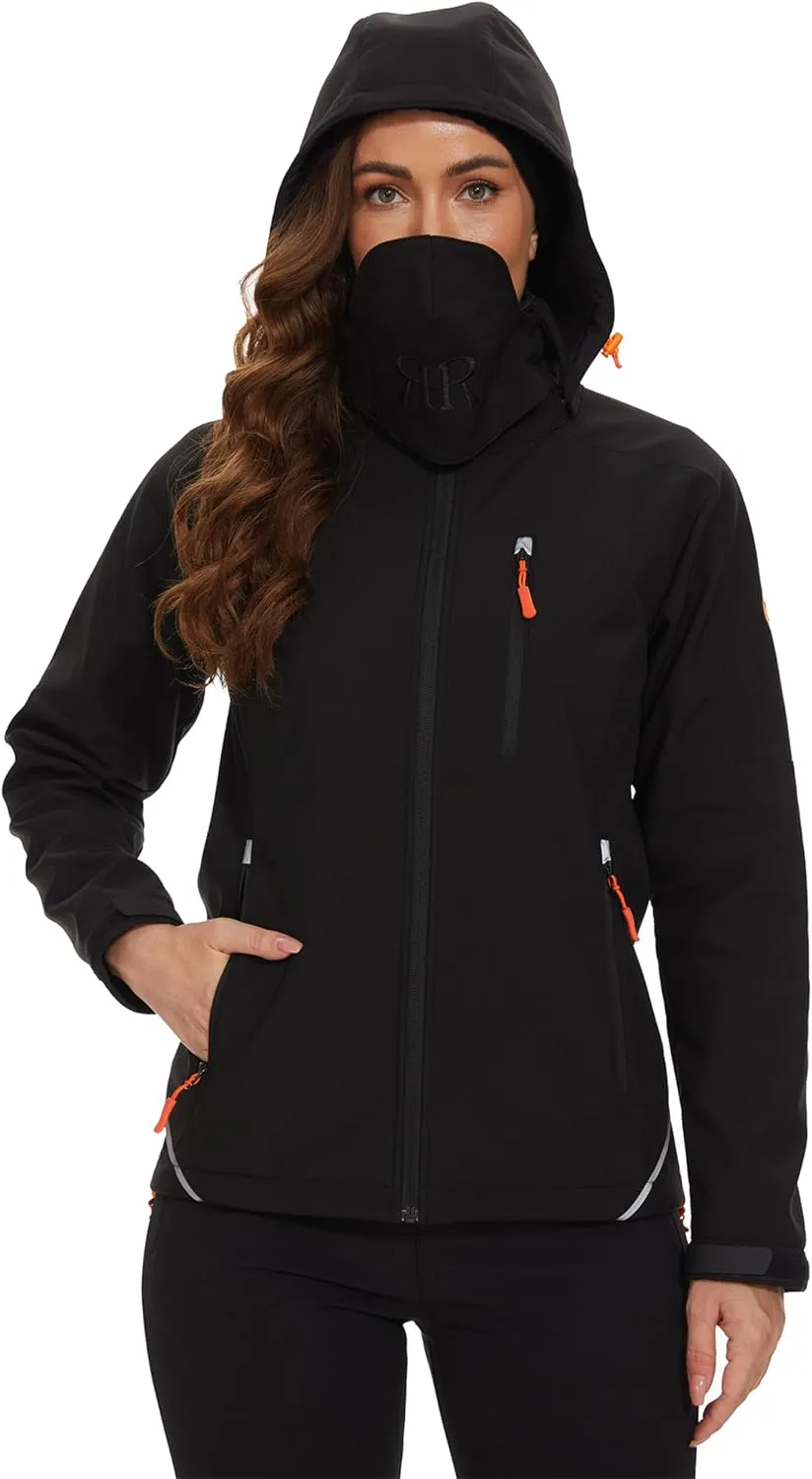 Women's Softshell Jacket Fleece Lined Waterproof Midlayer Jacket Camping Windproof Removable Hood Black