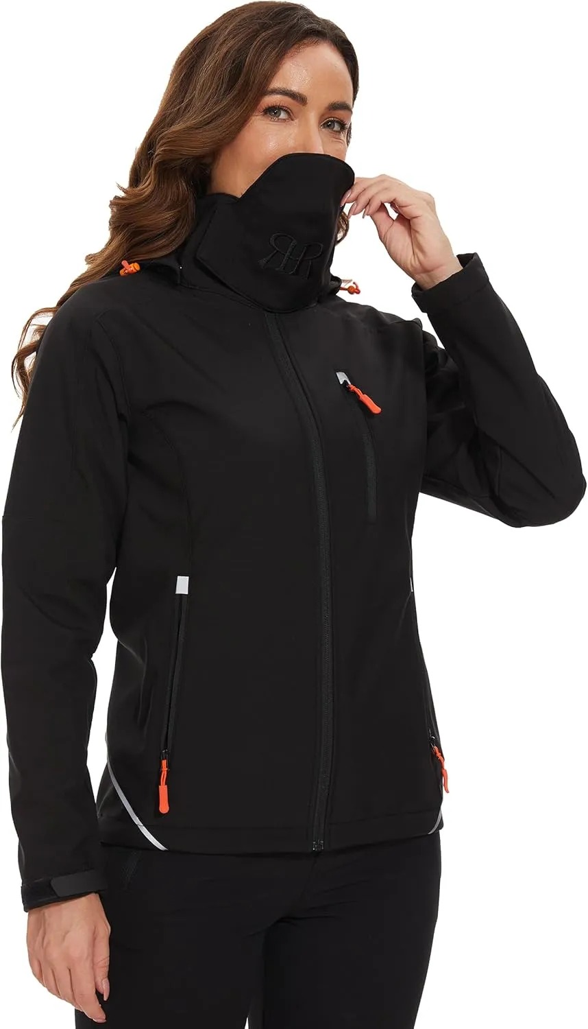 Women's Softshell Jacket Fleece Lined Waterproof Midlayer Jacket Camping Windproof Removable Hood Black
