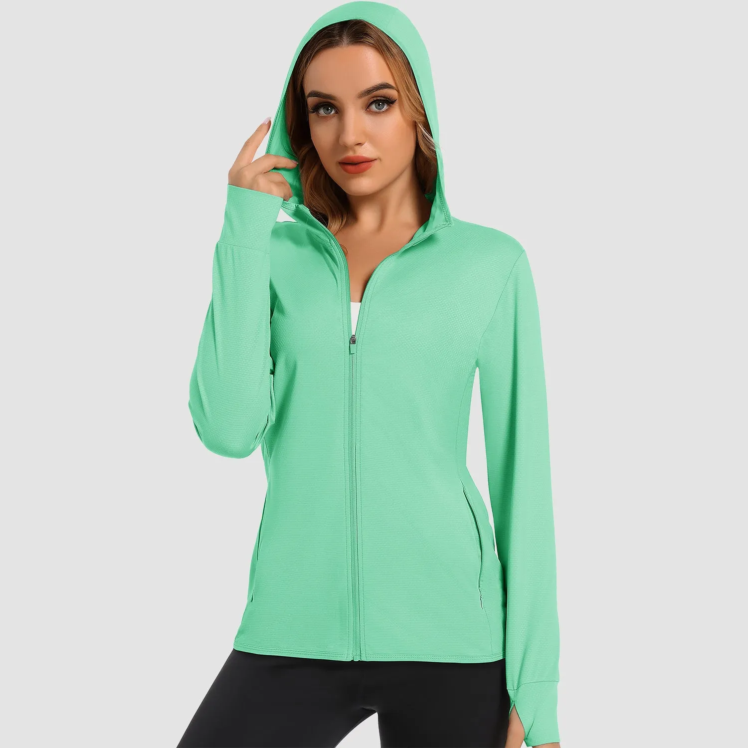 Women's UV Sun Protection Coat Shirts Long Sleeve Quick Dry Workout Hiking Athletic Ladies Lightweight Puffer Jacket With Hood