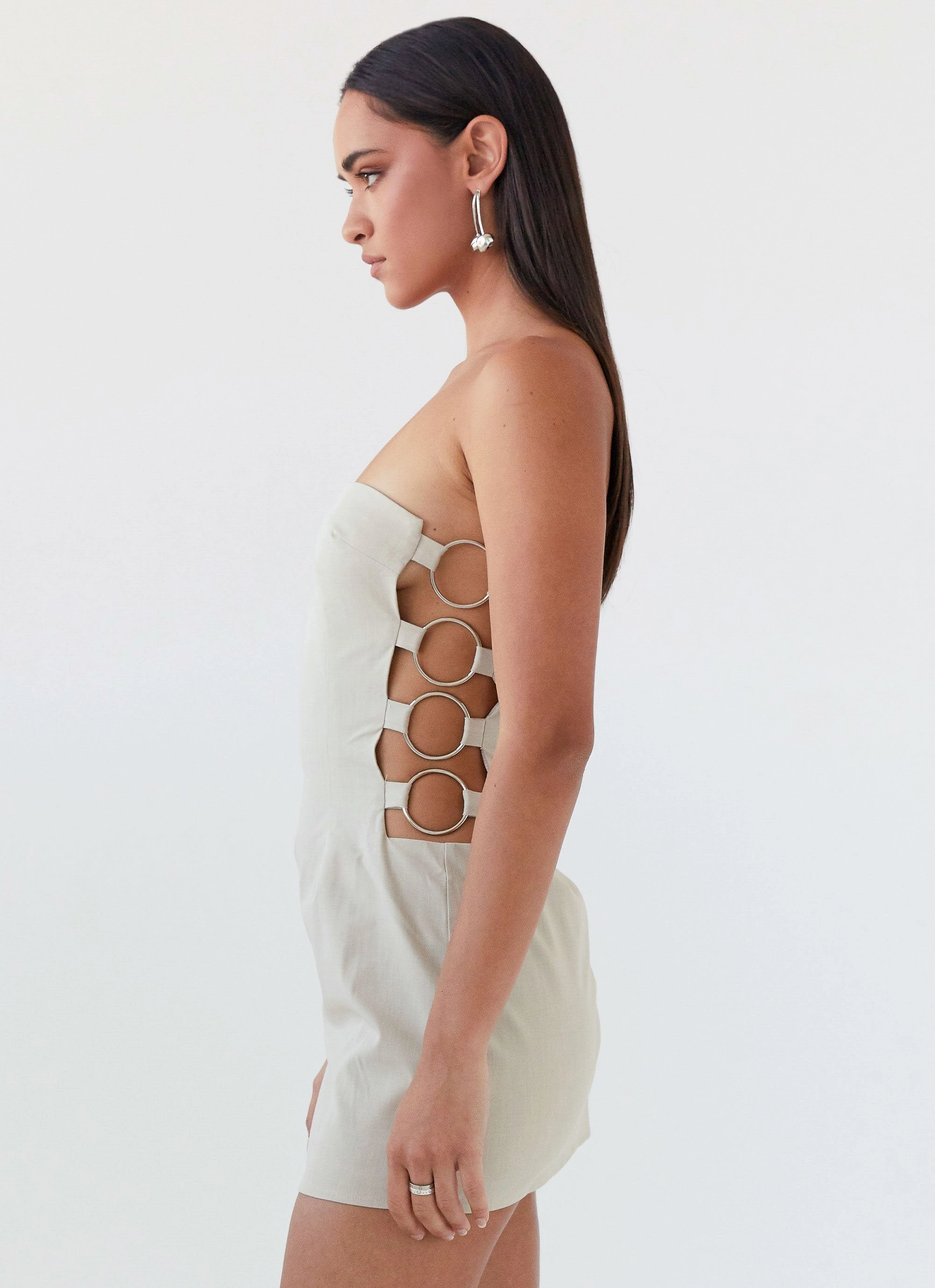 Conceited Strapless Mini Dress - Sand Elegant formal piece Minimalist Waist