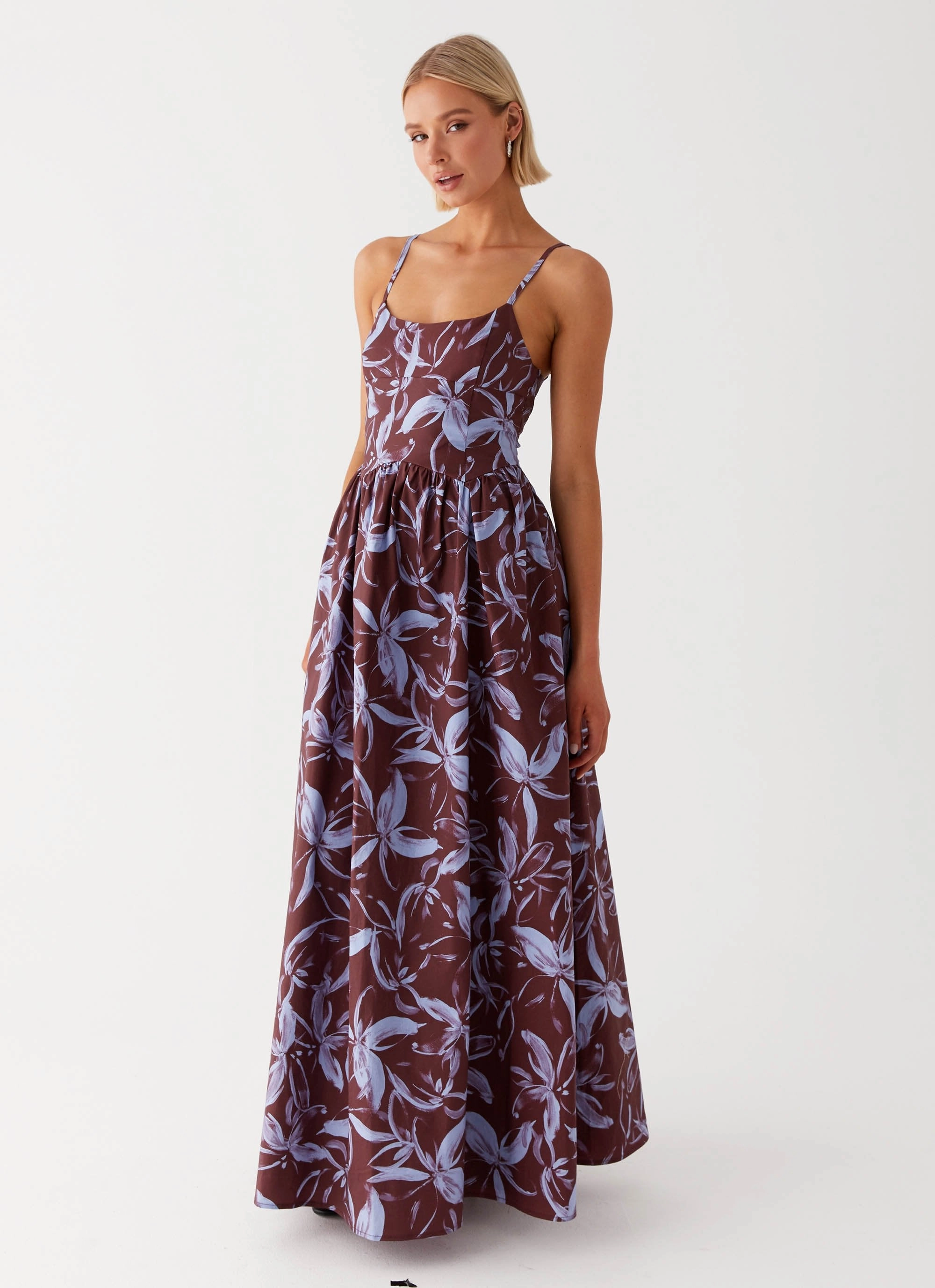 Jewel Tones Soft Cut Tesoro Maxi Dress - Brown Purple Floral