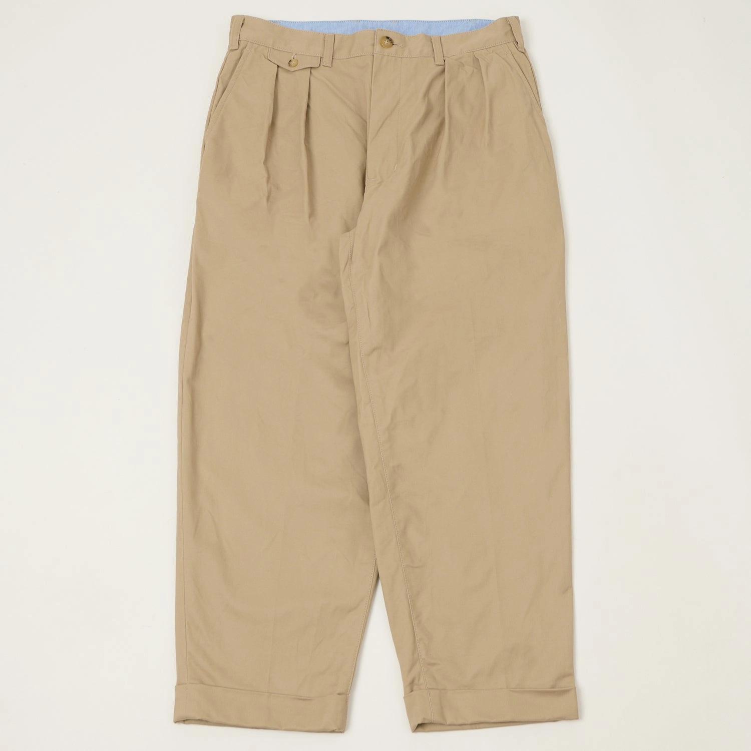 Beams Plus Double Pleat Twill Trousers - Khaki Flattering Look