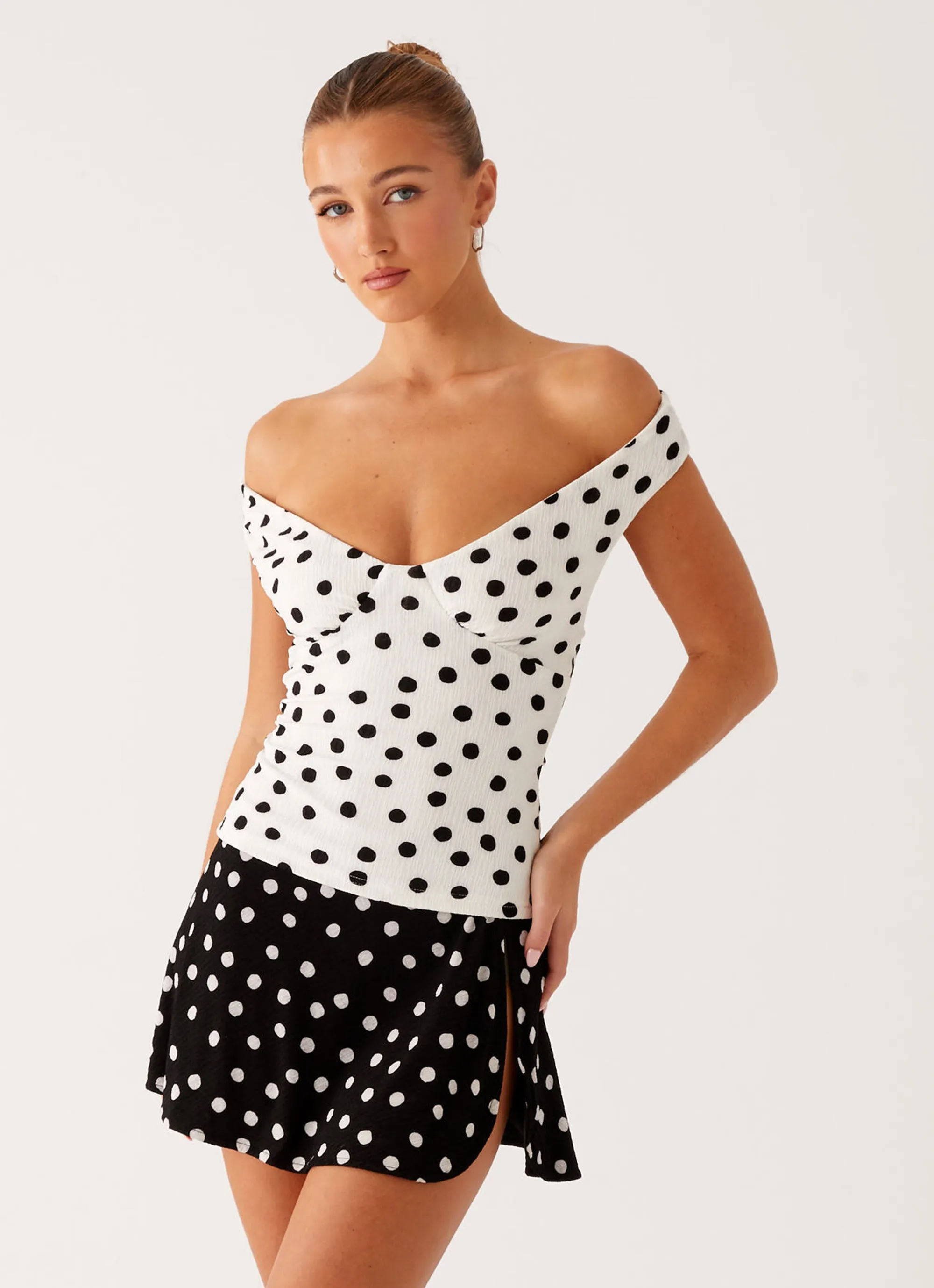 Rylie Top - White Polka Dot FlexibleCollar Stretch Knit Material