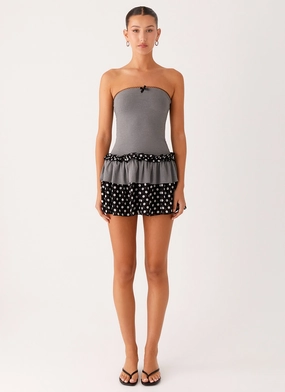 Lounge Cut Yerin Strapless Frill Mini Dress - Grey Polkadot