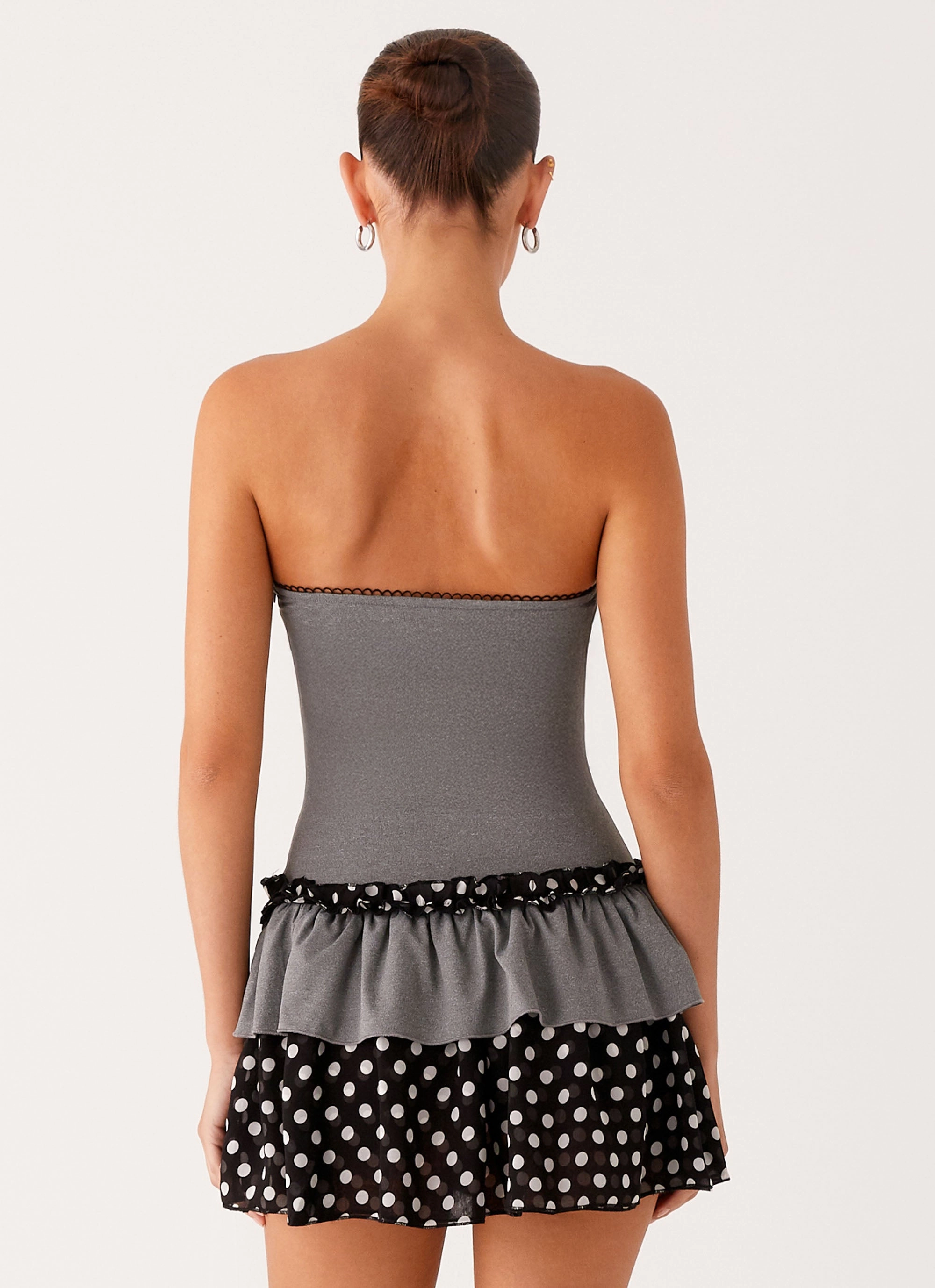Cut-Out-Detail Yerin Strapless Frill Mini Dress - Grey Polkadot