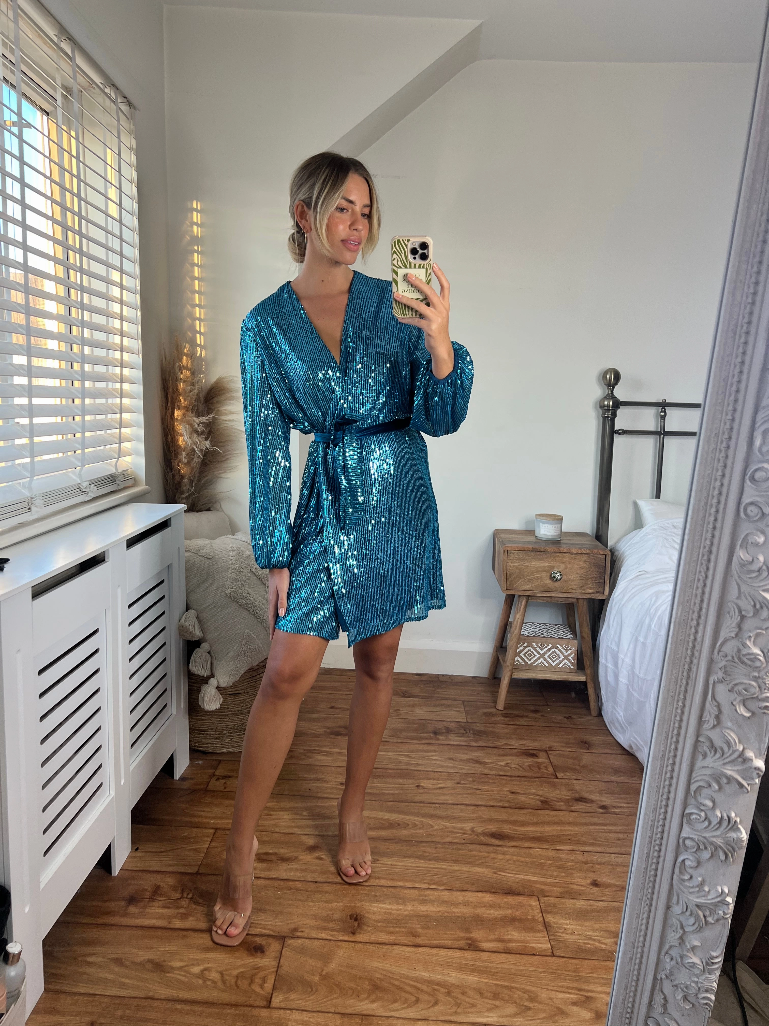 Dani Sequin Wrap Dress / Peacock Blue Vibrant Layer