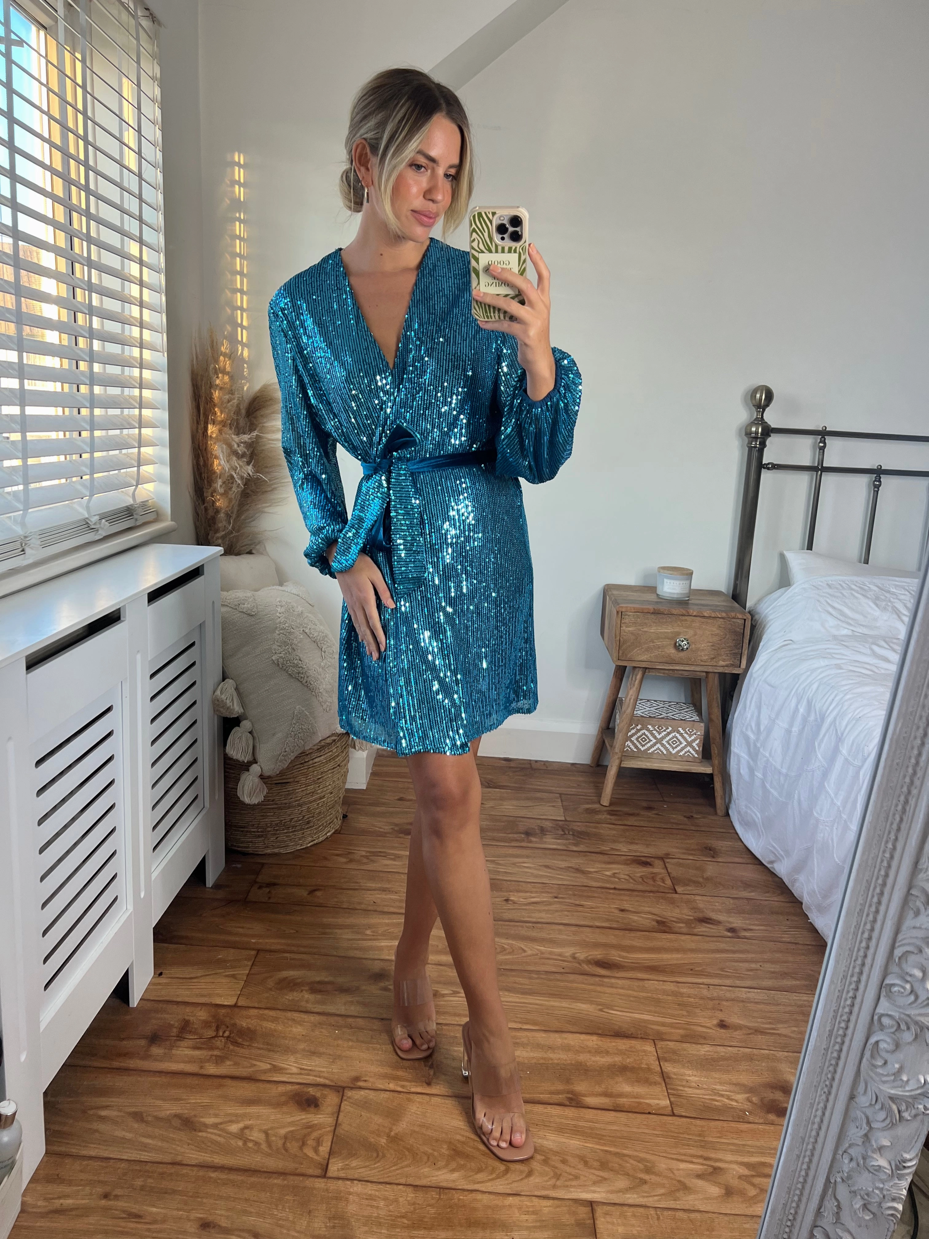 Ruffle-Detail Dani Sequin Wrap Dress / Peacock Blue