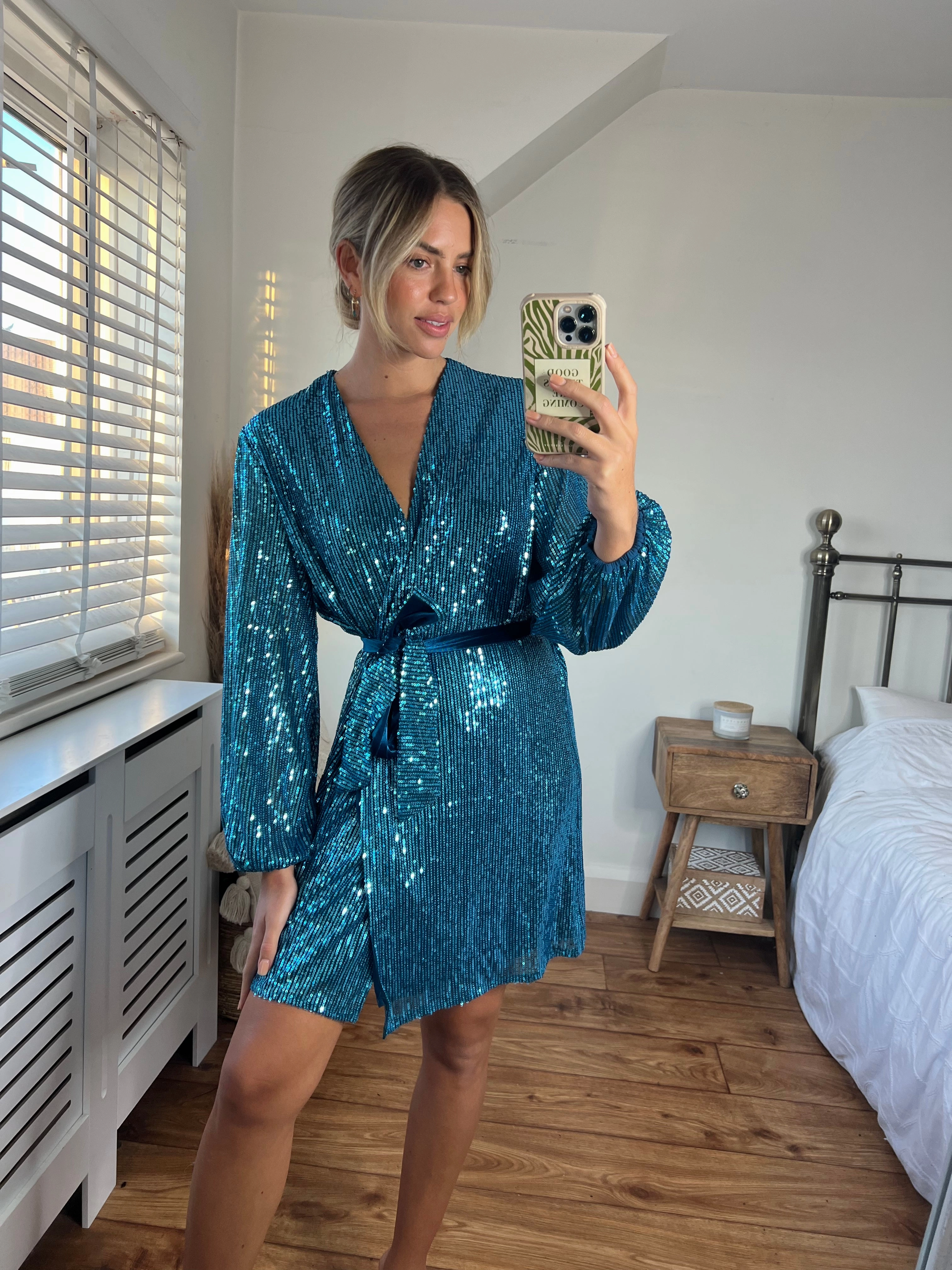 Comfortable fit dress for all body types Vibe Style Dani Sequin Wrap Dress / Peacock Blue