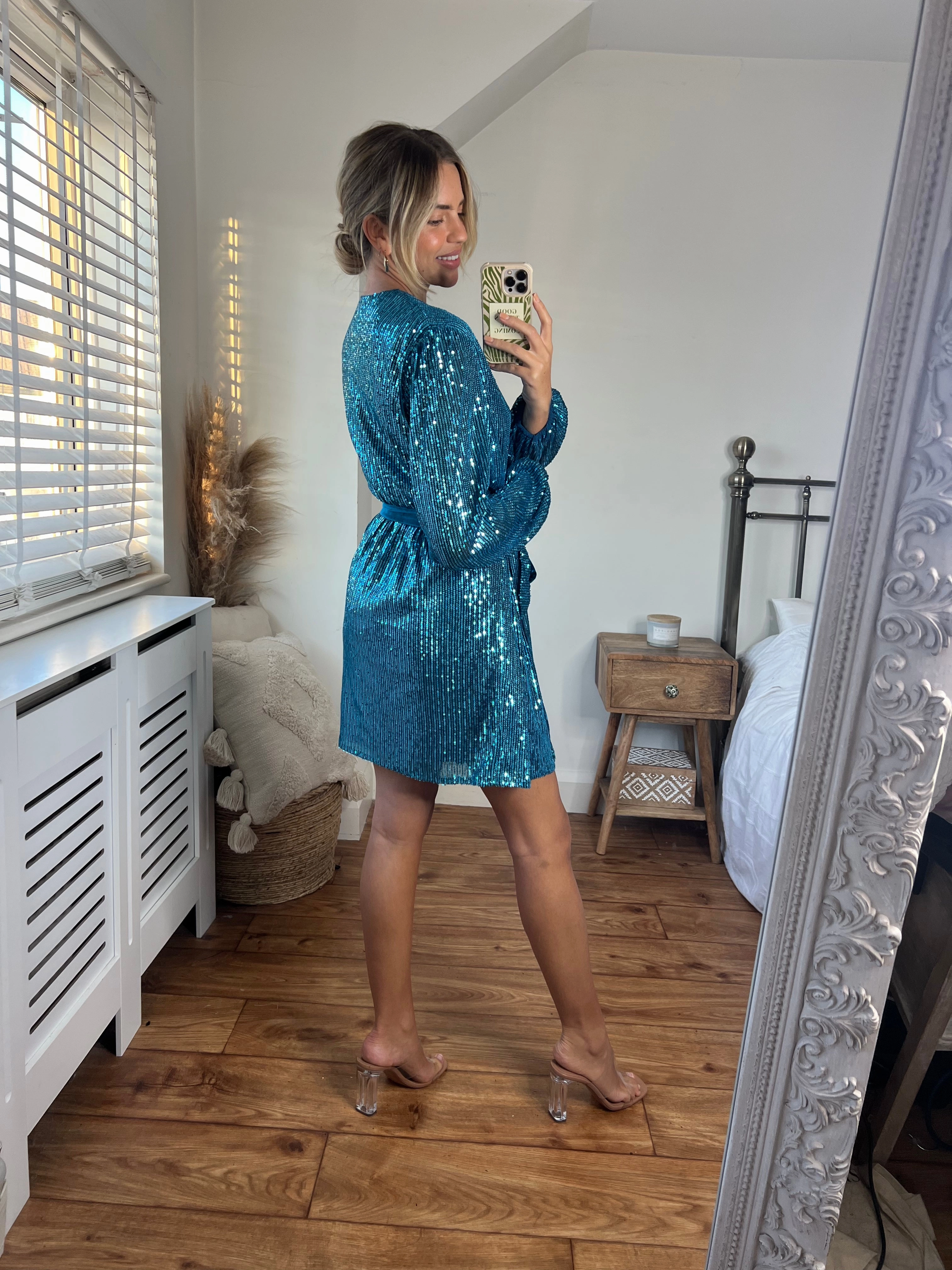 Front Detail Dani Sequin Wrap Dress / Peacock Blue