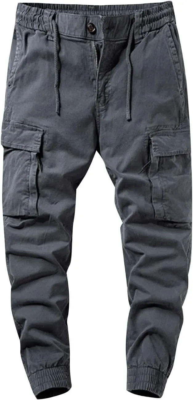 ZGZZ7 Men's Cargo Elastic Waist Sweatpants Loose Zip Fly Outdoor Pants with Multi-Pockets