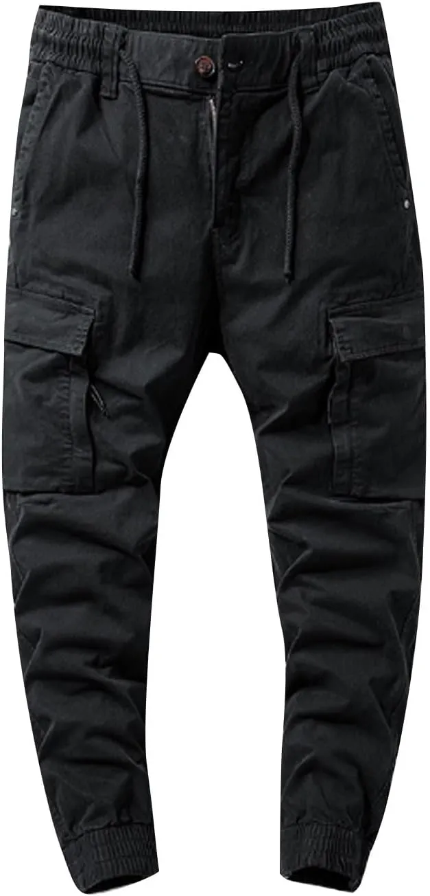 ZGZZ7 Men's Cargo Elastic Waist Sweatpants Loose Zip Fly Outdoor Pants with Multi-Pockets