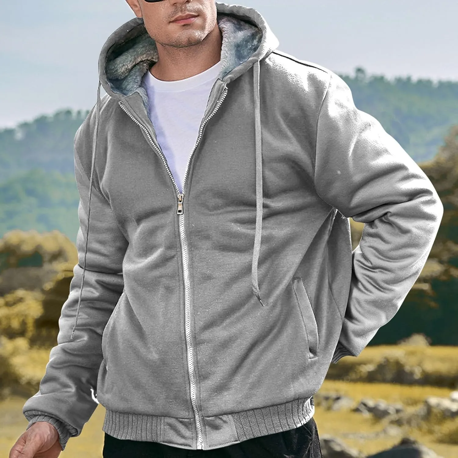Zip Up Hoodies for Men,Long Sleeve Solid Splicing Oversized Sweatshirts,Fall Heavyweight Hoodies Casual Jacket Baggy Shirts