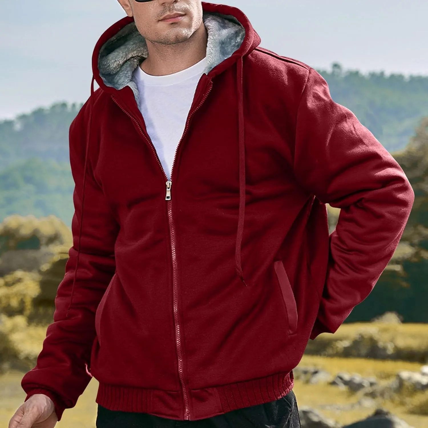 Zip Up Hoodies for Men,Long Sleeve Solid Splicing Oversized Sweatshirts,Fall Heavyweight Hoodies Casual Jacket Baggy Shirts