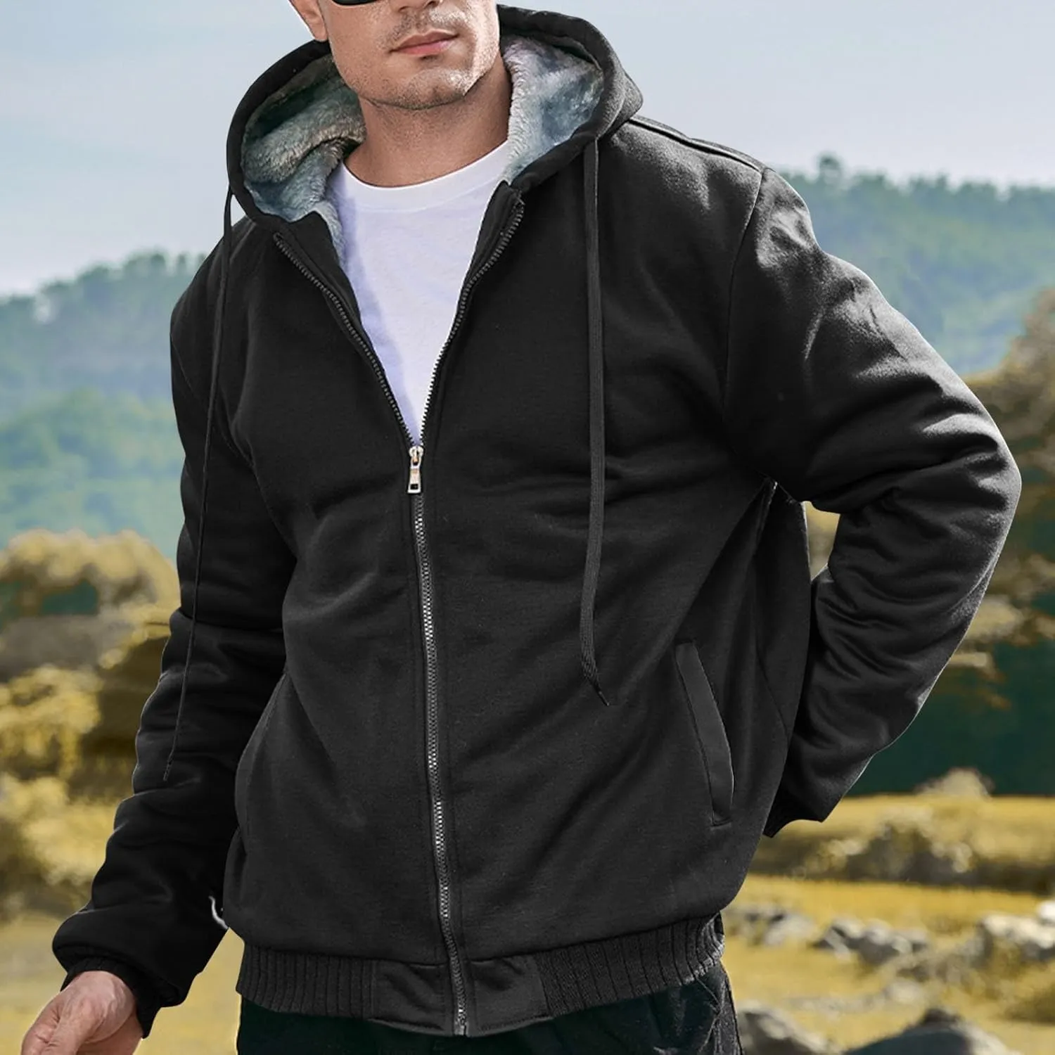 Zip Up Hoodies for Men,Long Sleeve Solid Splicing Oversized Sweatshirts,Fall Heavyweight Hoodies Casual Jacket Baggy Shirts