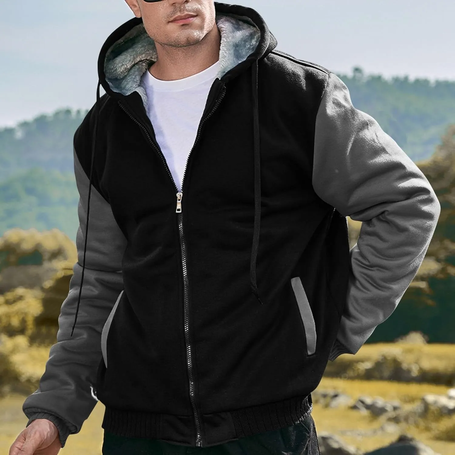 Zip Up Hoodies for Men,Long Sleeve Solid Splicing Oversized Sweatshirts,Fall Heavyweight Hoodies Casual Jacket Baggy Shirts