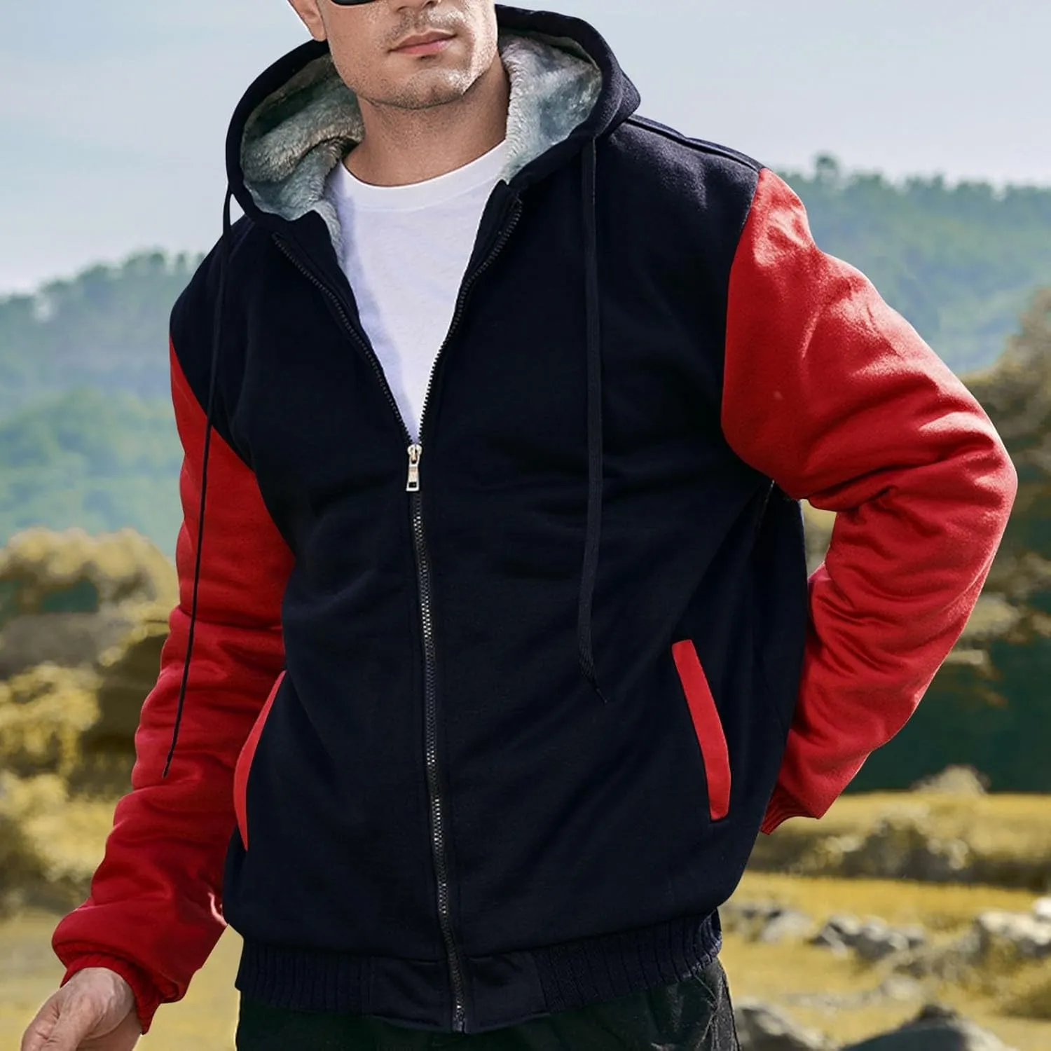 Zip Up Hoodies for Men,Long Sleeve Solid Splicing Oversized Sweatshirts,Fall Heavyweight Hoodies Casual Jacket Baggy Shirts