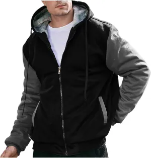 Zip Up Hoodies for Men,Long Sleeve Solid Splicing Oversized Sweatshirts,Fall Heavyweight Hoodies Casual Jacket Baggy Shirts