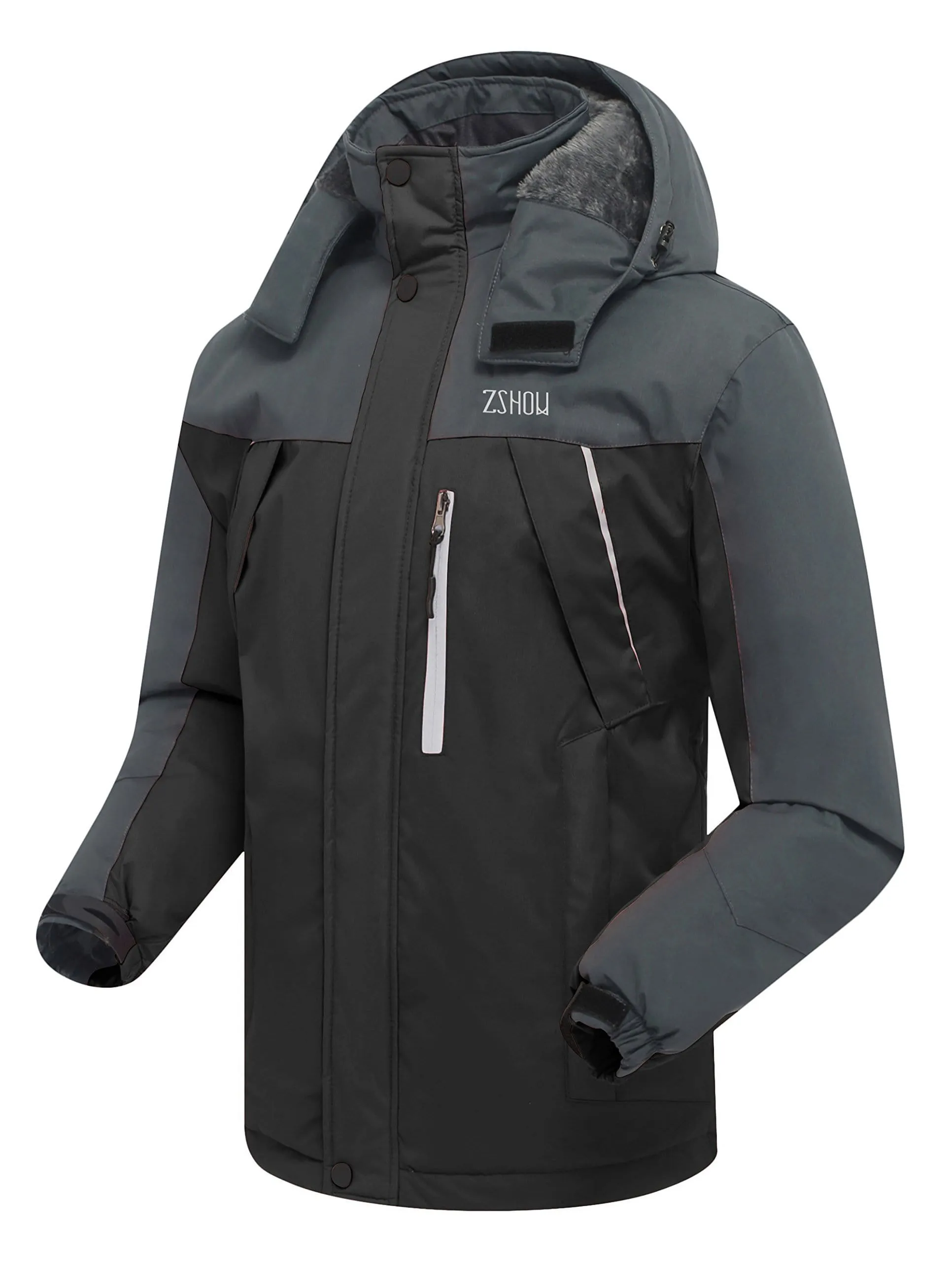 ZSHOW Men's Waterproof Windproof Fleece Ski Jacket Outdoor Insulated Snow Jacket(Black Grey,US XL)