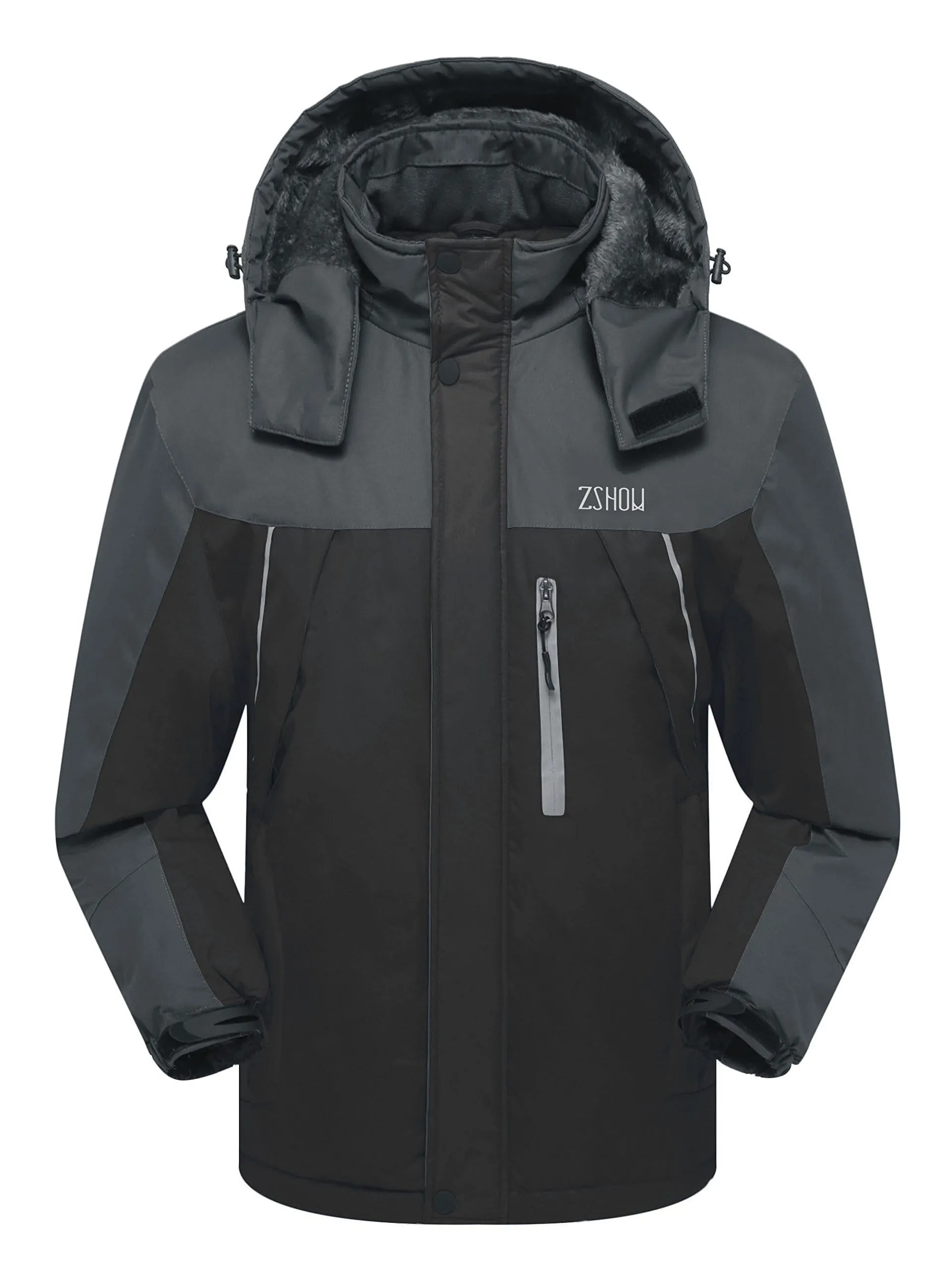ZSHOW Men's Waterproof Windproof Fleece Ski Jacket Outdoor Insulated Snow Jacket(Black Grey,US XL)